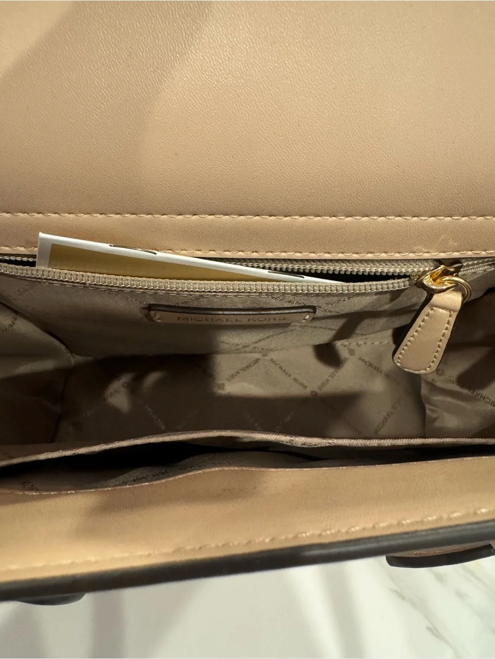 Michael Kors Blush Tan Saffiano Leather Satchel with Gold MK Emblem